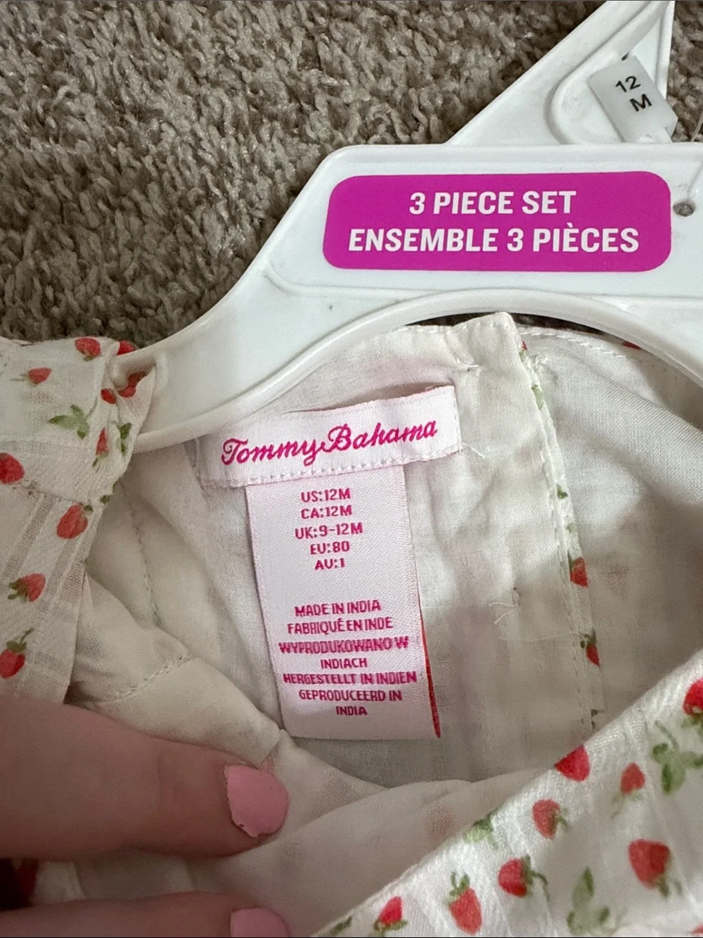 NWT Tommy Bahama Baby Girl's Strawberry Print 3 Piece Hat Set Size 12 Months